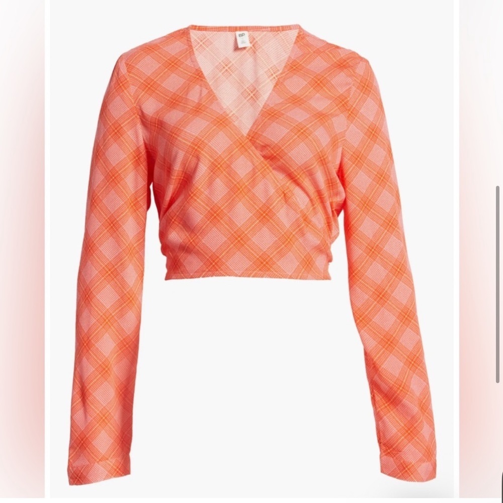 BP. Nordstrom Surplice V-Neck Plaid Long Sleeve Crop Top- Size S